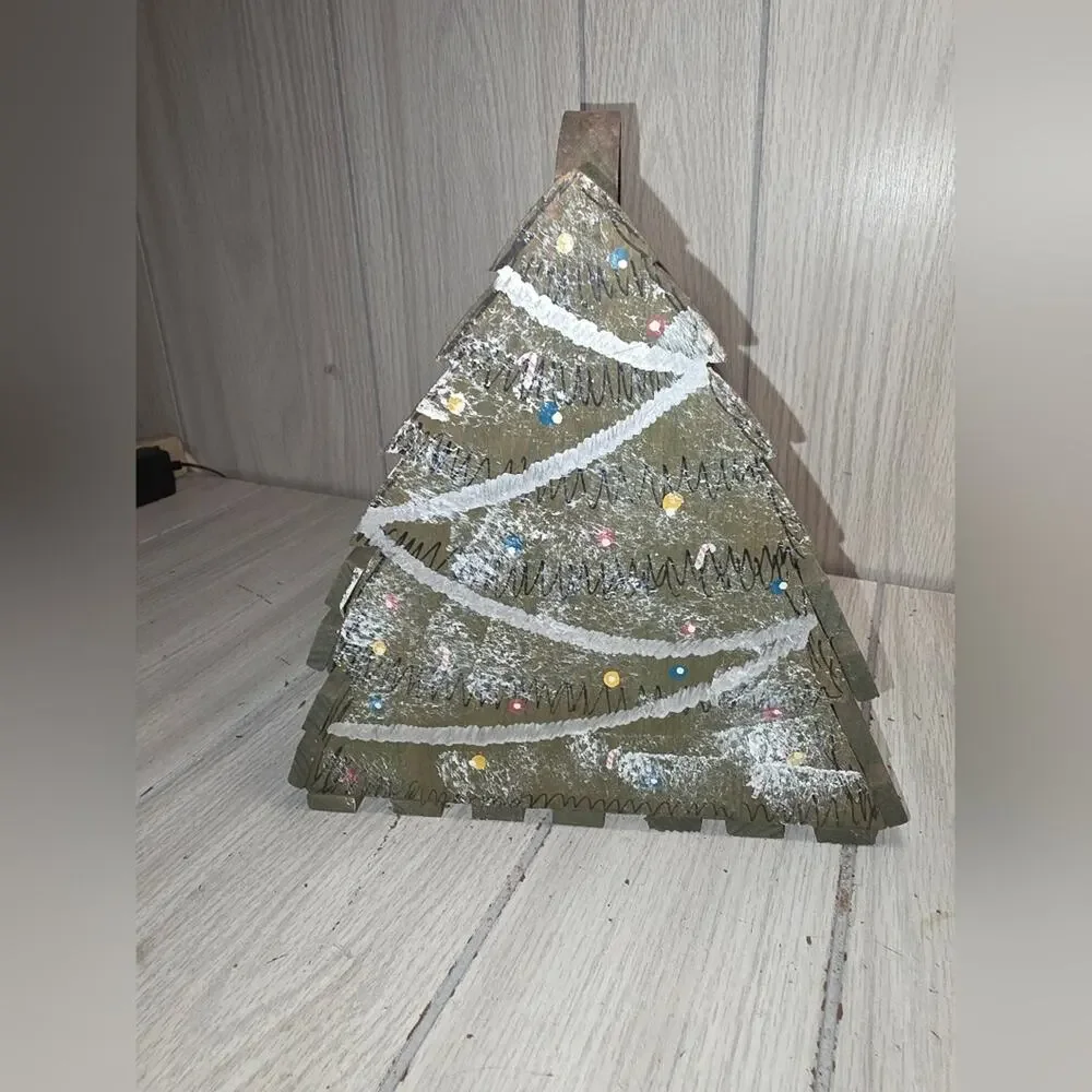 Vtg Handmade Wood Christmas Tree Basket Card Holder Holiday Farmhouse Festive